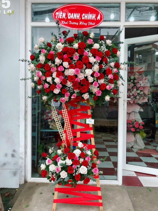 Kệ hoa hồng khai trương, kệ hoa khai trương đẹp, kệ hoa khai trương, mẫu hoa khai trương