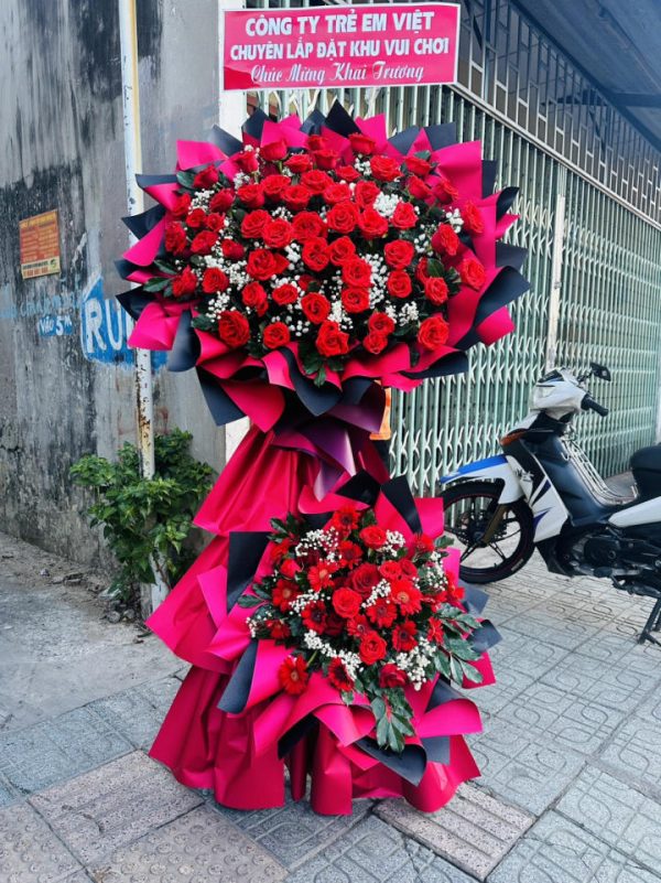 Kệ hoa hồng khai trương, kệ hoa khai trương đẹp, kệ hoa khai trương, mẫu hoa khai trương