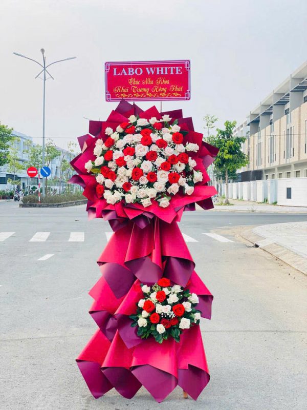 Kệ hoa hồng khai trương, kệ hoa khai trương đẹp, kệ hoa khai trương, mẫu hoa khai trương