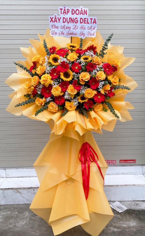 hoa khai trương đẹp, lẳng hoa khai trương, kệ hoa khai trương