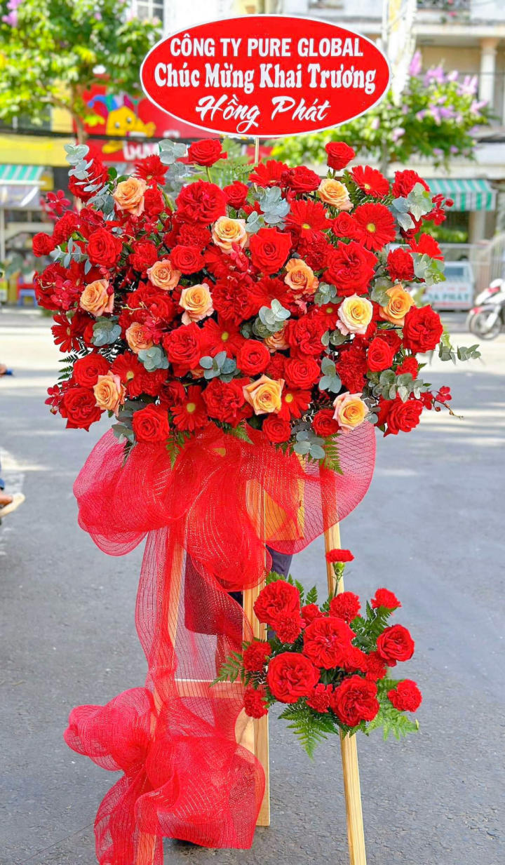 hoa khai trương đẹp, lẳng hoa khai trương, kệ hoa khai trương